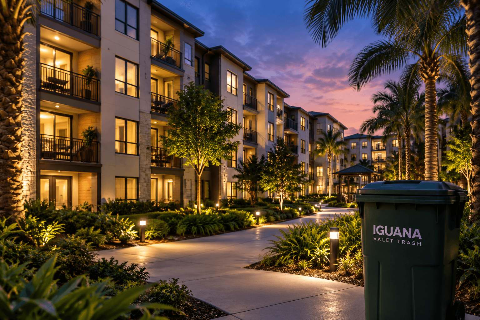 Multifamily apartment community during evening IGUANA valet trash service